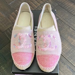 Chanel Pink Canvas Sequin CC Logo Espadrille Used